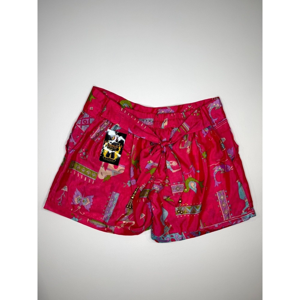 Junglee Billee Shorts Women Pink Elephant Bird Print Adjustable Tassel Tie Waist